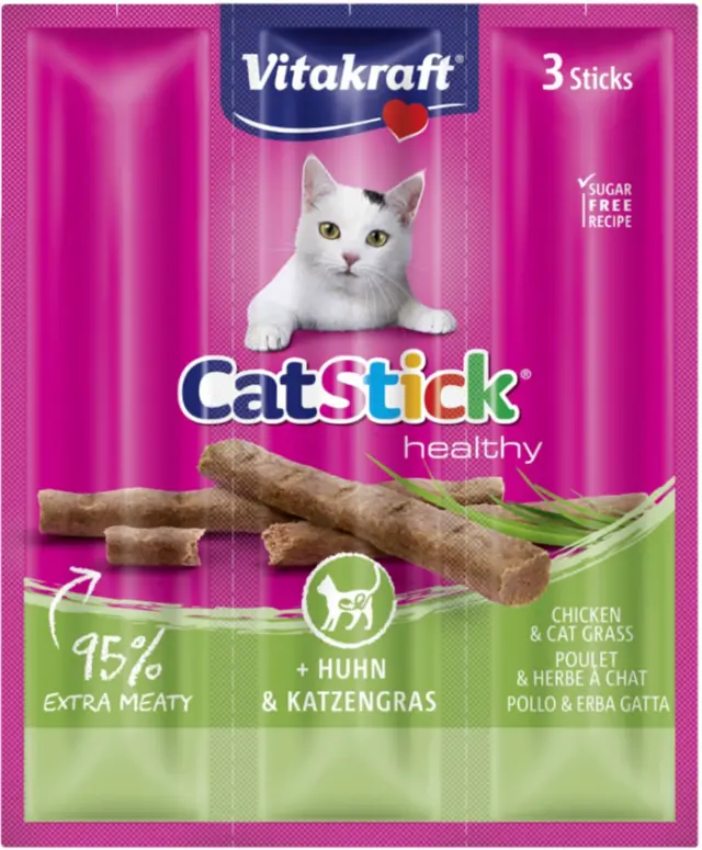 Vitakraft Cat Stick Healthy Chicken & Cat Grass Λιχουδιά για Γάτες (3x18gr) Μονόχρωμο