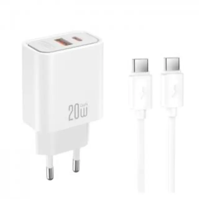 Universal φορτιστής με 2 εξόδους, 1x USB-A & 1x USB-C, 20W με αποσπώμενο καλώδιο USB type-C σε λευκό χρώμα 3