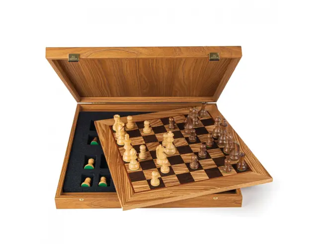 Σετ Χειροποίητο Σκάκι Wooden Chess Manopoulos από Ξύλο, με πιόνια Staunton, θήκη αποθήκευσης και διαστάσεις 40x40cm - Olive BurlSW42B40H