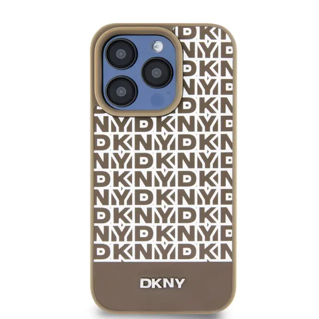 DKNY PU Leather Repeat Pattern Bottom Stripe MagSafe Case for iPhone 13 Pro Max Brown 2