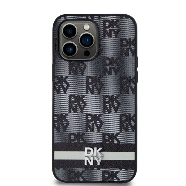 DKNY PU Leather Checkered Pattern and Stripe Case for iPhone 15 Pro Max Black 2