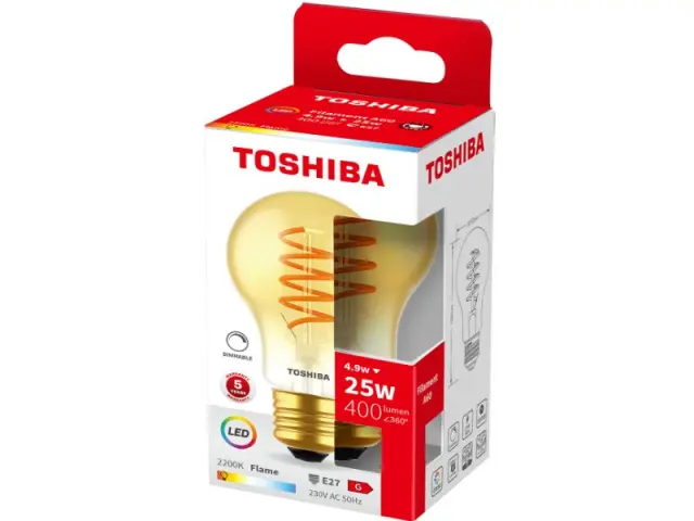 Toshiba LED Filament Spiral Amber A60 E27 4.9W 2200K Dimmable (DELS-FBA44P9SADG11)