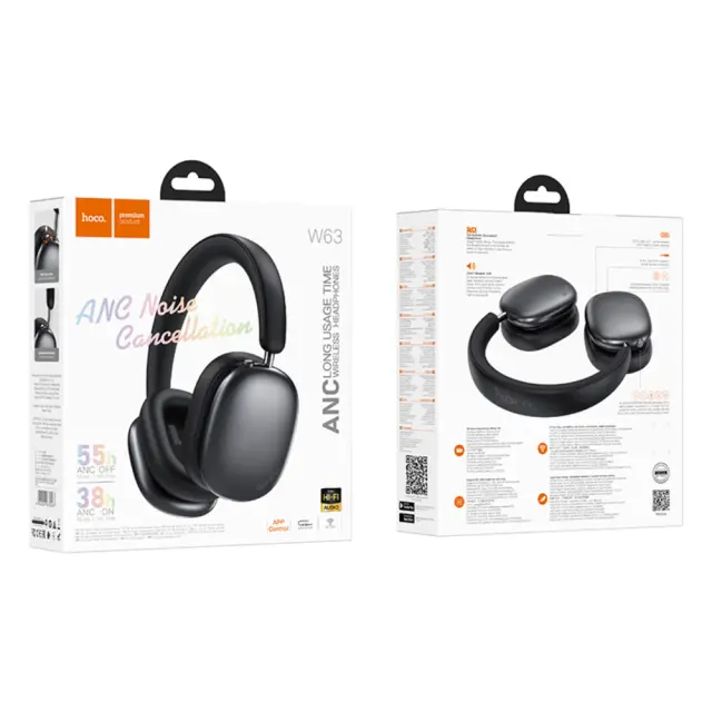 Wireless Ακουστικά Stereo Hoco W63 Triunfo ANC v5.4 500mAh με AUX Μαύρα 2