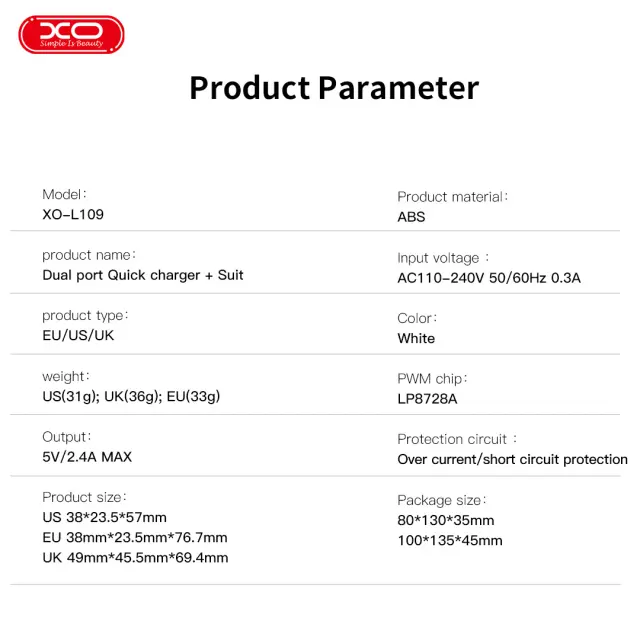 XO L109 (UK) Dual USB-A 2.4A Charger 16.006.0261 3