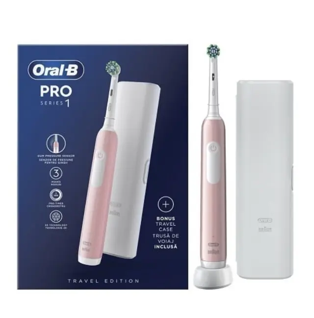 Oral B Pro 750 3D White Ηλεκτρική Οδοντόβουρτσα για Φυσικά πιο Λευκά Δόντια & Δώρο Θήκη Ταξιδιού, Ροζ Χρώμα