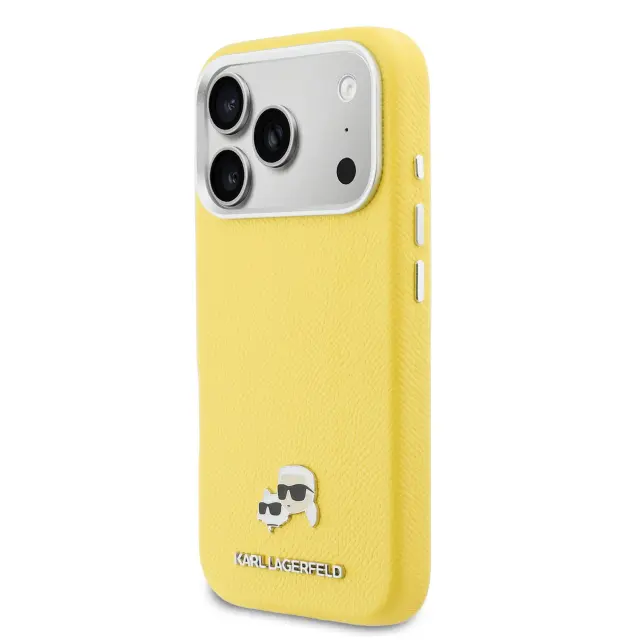 Karl Lagerfeld PU Karl and Choupette Heads Pins MagSafe Case for iPhone 17 Pro Max Yellow
