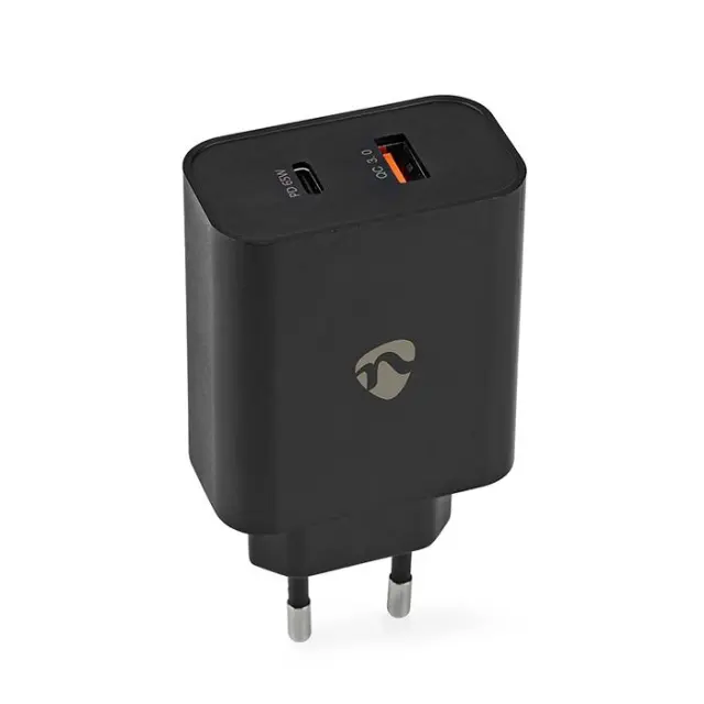 Universal φορτιστής με 2 εξόδους USB-A & USB-C, 3.25A, σε μαύρο χρώμα.