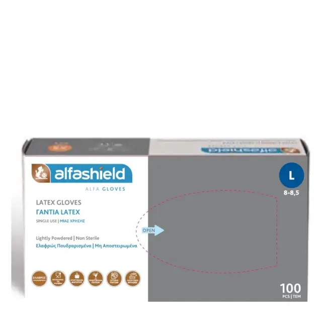 ALFASHIELD Εξεταστικά Γάντια Latex Ελαφρώς Πουδραρισμένα Large 100τμχ 8-8,5