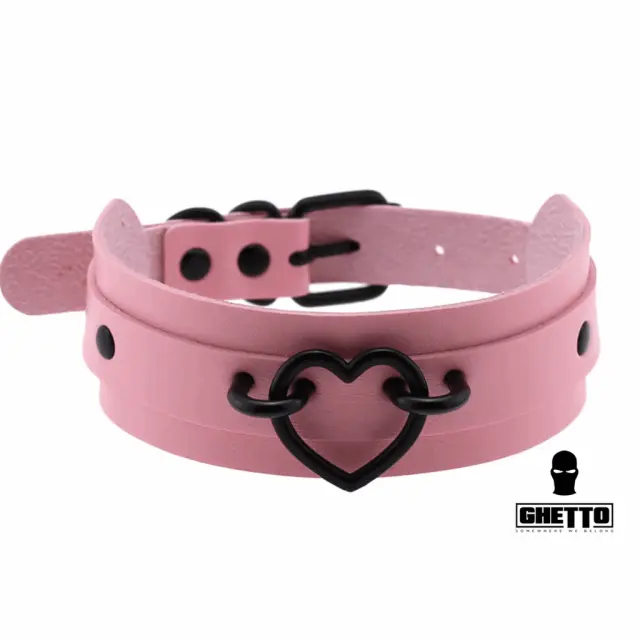 Ghetto Punk Pink Leather Black Heart Gothic Choker Colar