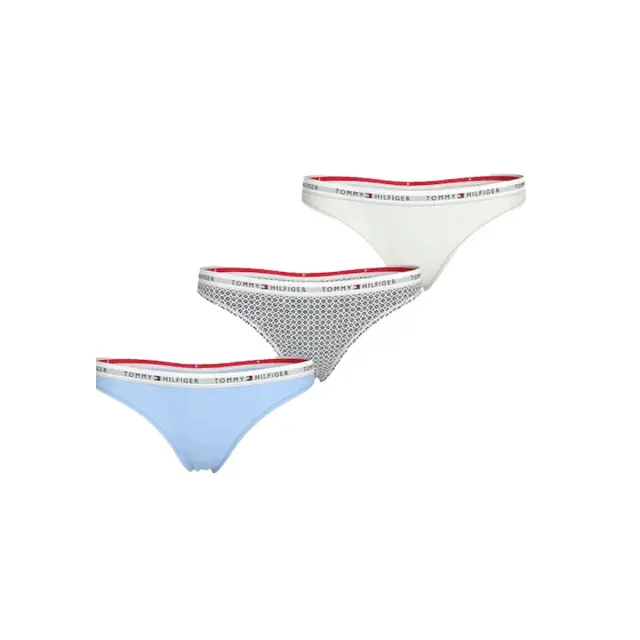 Tommy Hilfiger Γυναικείο String Logo Waistband Stretch Cotton Thongs - Τριπλό Πακέτο, Χρώμα Γαλάζιο-Φλοράλ-Ιβουάρ - L