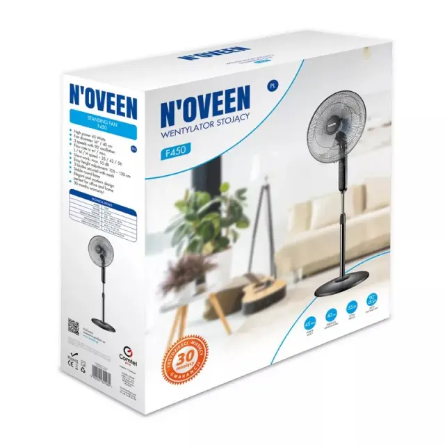 Ανεμιστήρας Δαπέδου N'oveen F450 45W 3 Ταχυτήτων, με Διάμετρο 40cm και Ρυθμιζόμενο Ύψος 2