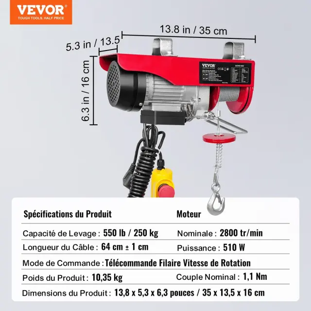 Ηλεκτρικό Παλάγκο Συρματόσχοινου VEVOR 230V 125kg - 250kg 510W με Ύψος Ανύψωσης 12m & Ενσύρματο Χειριστήριο (Electric Hoist) 3