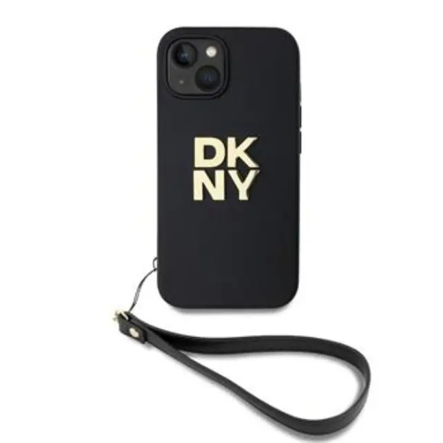 DKNY PU Leather Stack Logo Wrist Strap Case for iPhone 14 Black