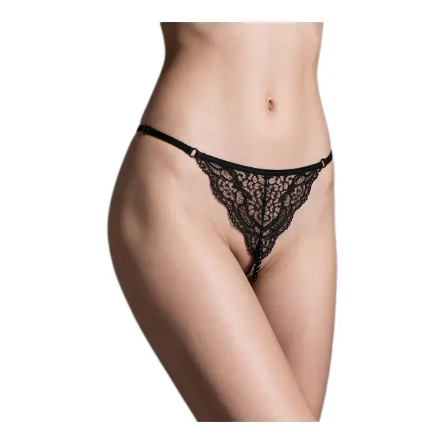 Milena Γυναικείο G-String Ανοιχτό με Δαντέλα Ψηφιδωτό & Μαύρη Πέρλα, Χρώμα Μαύρο