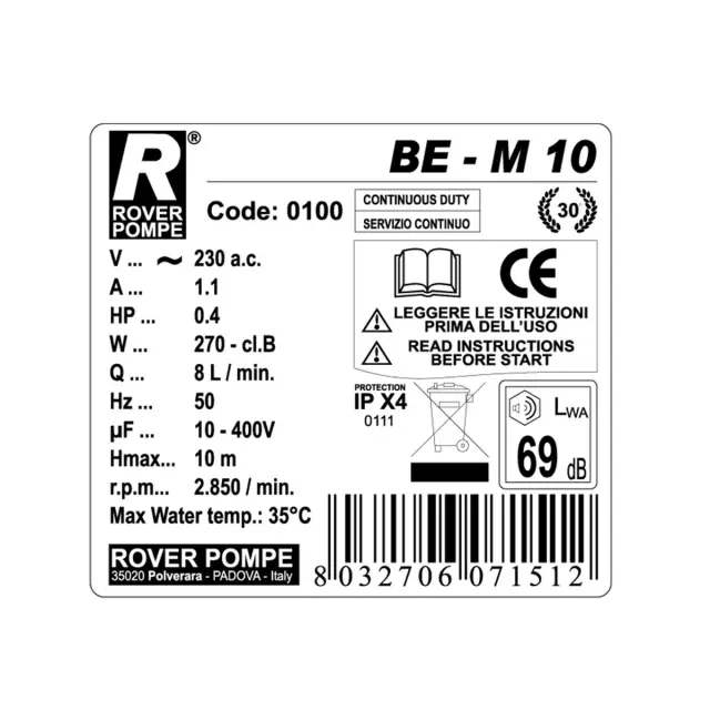 Rover Pompe ΒΕ-Μ 10 Αντλία μετάγγισης με ιπποδύναμη 0,4 HP μπρούτζινη / 101324 2