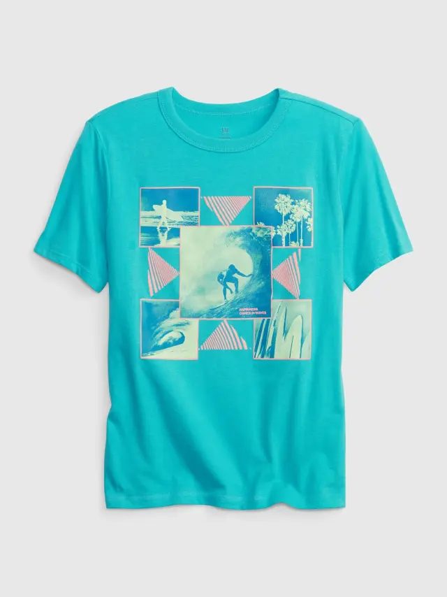 Μπλε Παιδική 100% Οργανικό Βαμβάκι Graphic Μπλούζα aqua tropic - XS