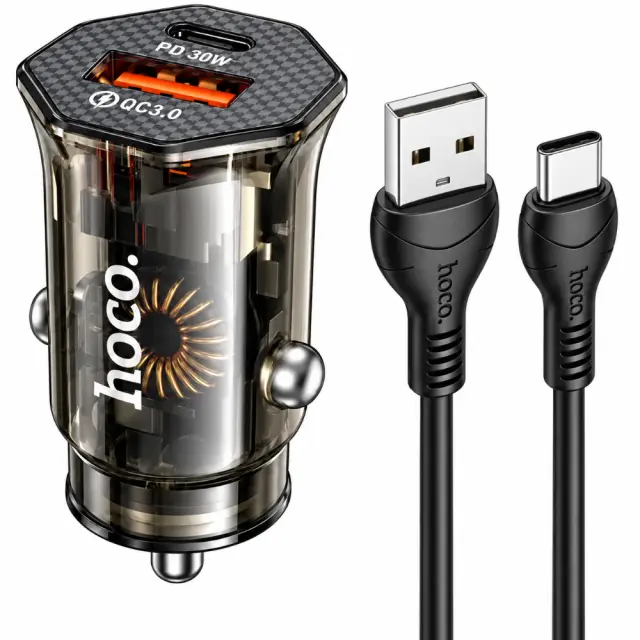 Φορτιστής Αυτοκινήτου Hoco. DZ16 Apex Lightweight USB-C PD30W QC3.0 Διάφανος Φιμέ