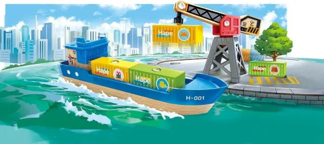 Hape Railway Ξύλινο Cargo Πλοίο & Γερανός 2