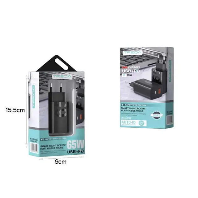Treqa Φορτιστής Χωρίς Καλώδιο με Θύρα USB-A και Θύρα USB-C 65W Μαύρος (CH-637) 3