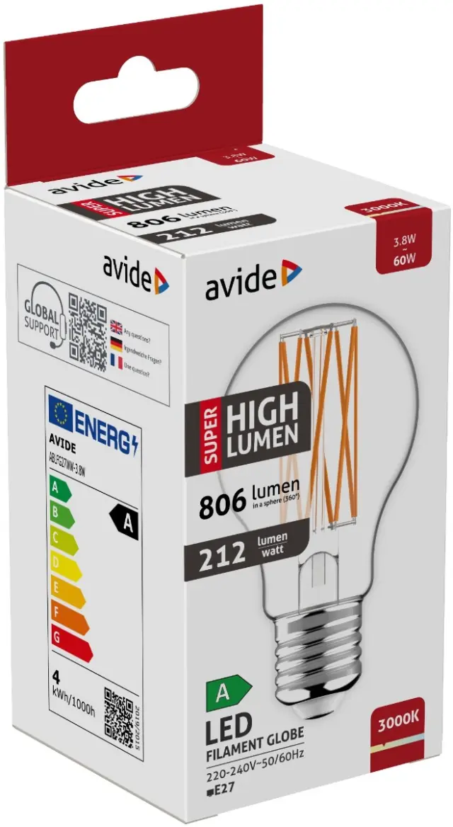 Avide LED Filament Κοινή 3.8W E27 Θερμό 3000K Super Υψηλής Φωτεινότητας 15.001.1049