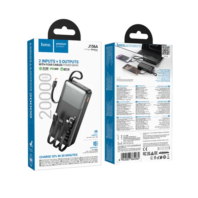 Power Bank Hoco J156A Founder 20000mAh PD20W+22.5W QC με Θύρες USB+USB-C Ενσωματωμένα Καλώδια USB-C+USB+Lighting+Micro και LED Ένδειξη Μπαταρίας Μαύρο 2