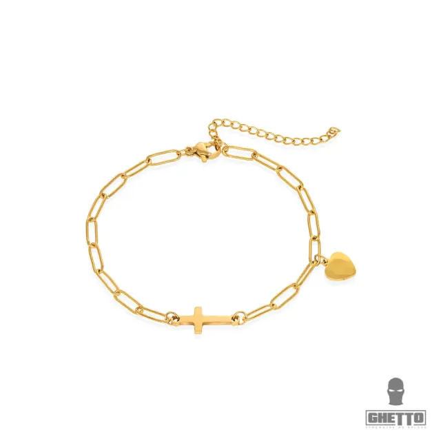 Ghetto Cross Heart Bracelet Stainless Steel Gold