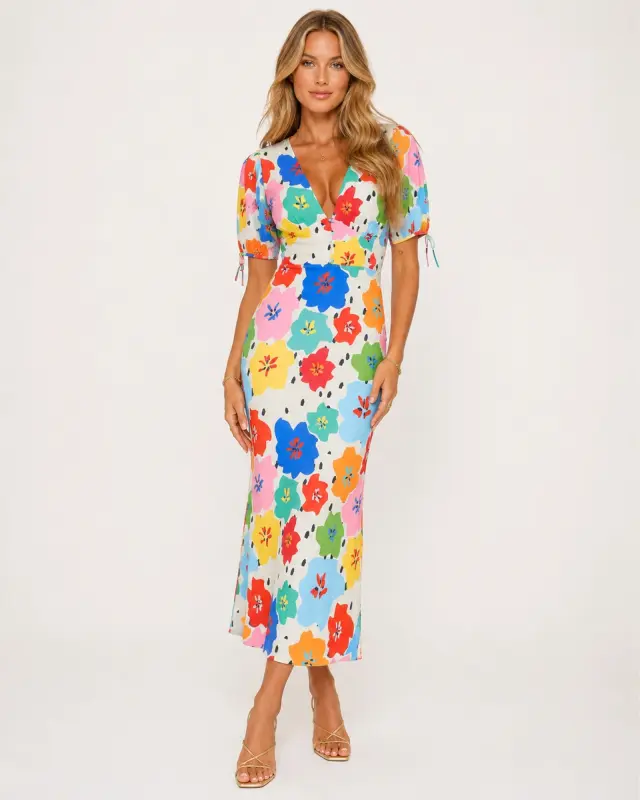 Never Fully Dressed Floral Midi Φόρεμα με V Ντεκολτέ - XS 2