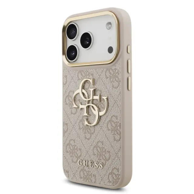 Guess PU Leather 4G Metal Logo Gold Frame Case for iPhone 17 Pro Pink 2