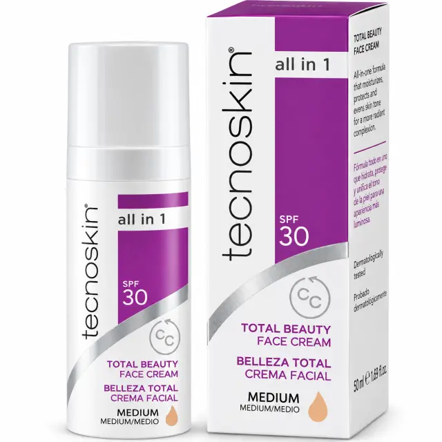 TECNOSKIN Total Beauty Face Cream, Αντιρυτιδική Κρέμα Προσώπου Αll in Οne SPF 30 - Medium Aπόχρωση 50ml