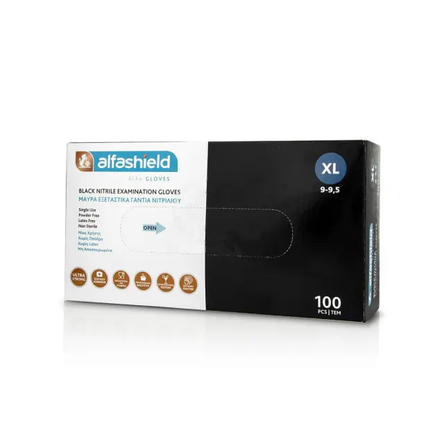 Alfashield | Alfa Gloves | Γάντια Νιτριλίου XLarge Χωρίς Πούδρα σε Μαύρο Χρώμα | 100τμχ
