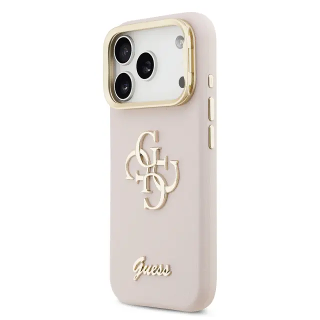 Guess PU Grained 4G Logo Stand Camera Frame Case for iPhone 17 Pro Pink 2