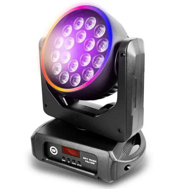 LIGHT4ME SKY WASH 18x10W RGBW moving head wash stage lighting LED DMX ring effect 60x0.2W RGB omega mounting bracket