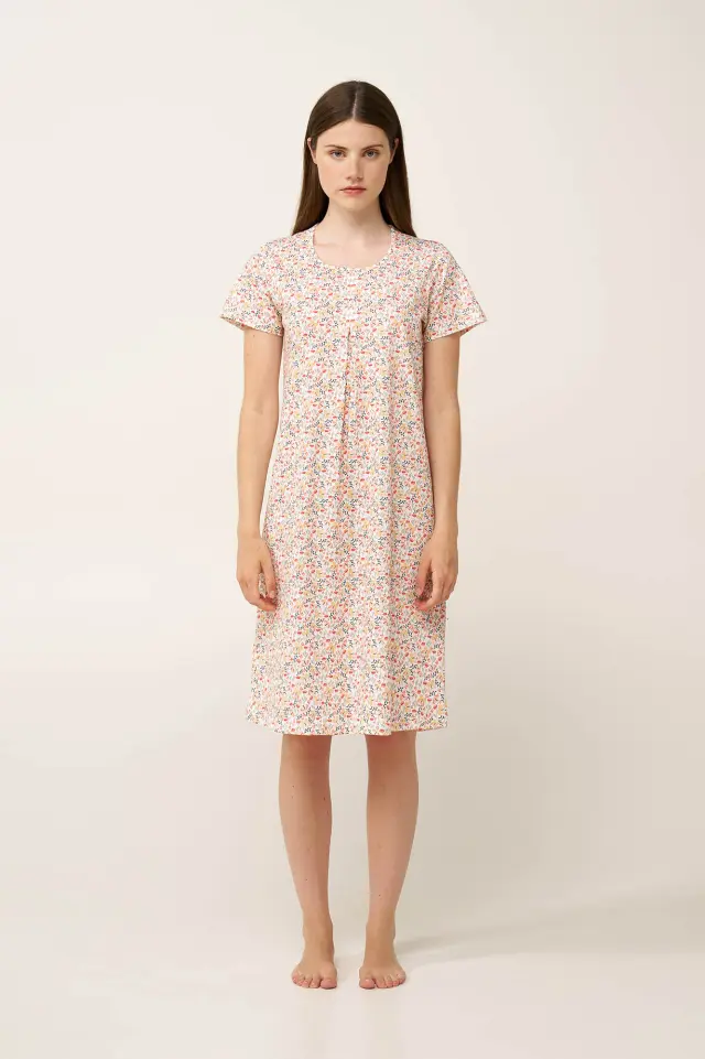 Floral Βαμβακερό Νυχτικό με Πιέτα Vamp 24290 GREEN TEA