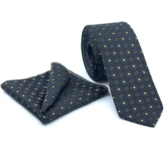 Γραβάτα Microfiber σε Μαύρο Μοτίβο Σετ με Μαντηλάκι