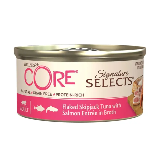 Wellness Core Signature Selects Λεπτές Νιφάδες Τόνος & Σολομός Σε Ζωμό 79gr Μονόχρωμο