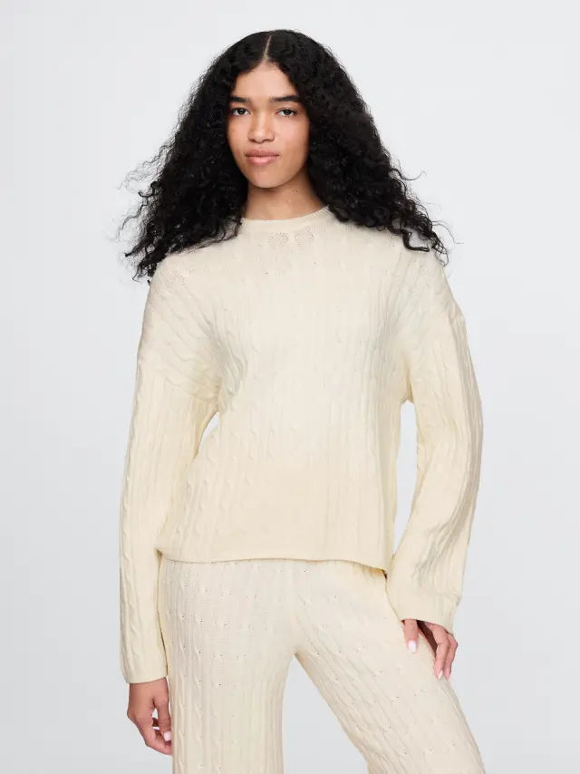 Εκρού CashSoft Cable-Knit Πουλόβερ Cream beige - XL
