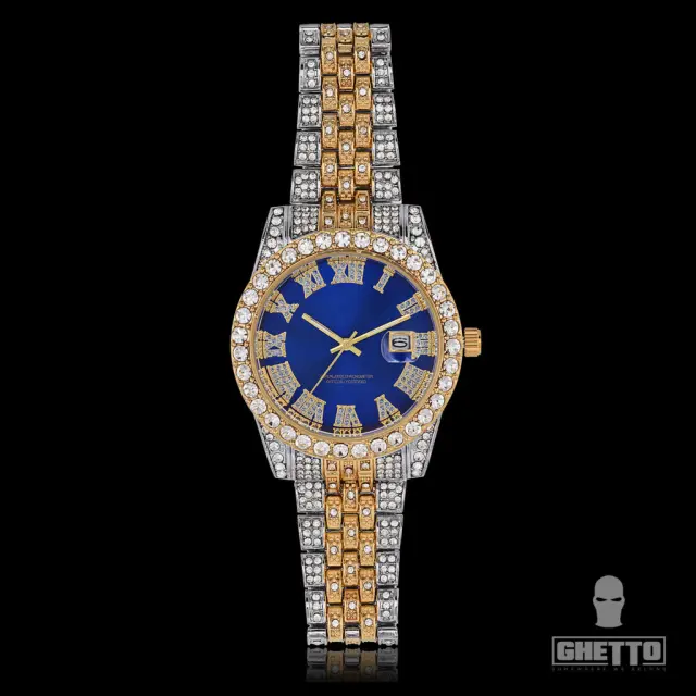 Ghetto 2021 Hip Hop Iced 2tone Rhinestones Quartz Watch SS Blue