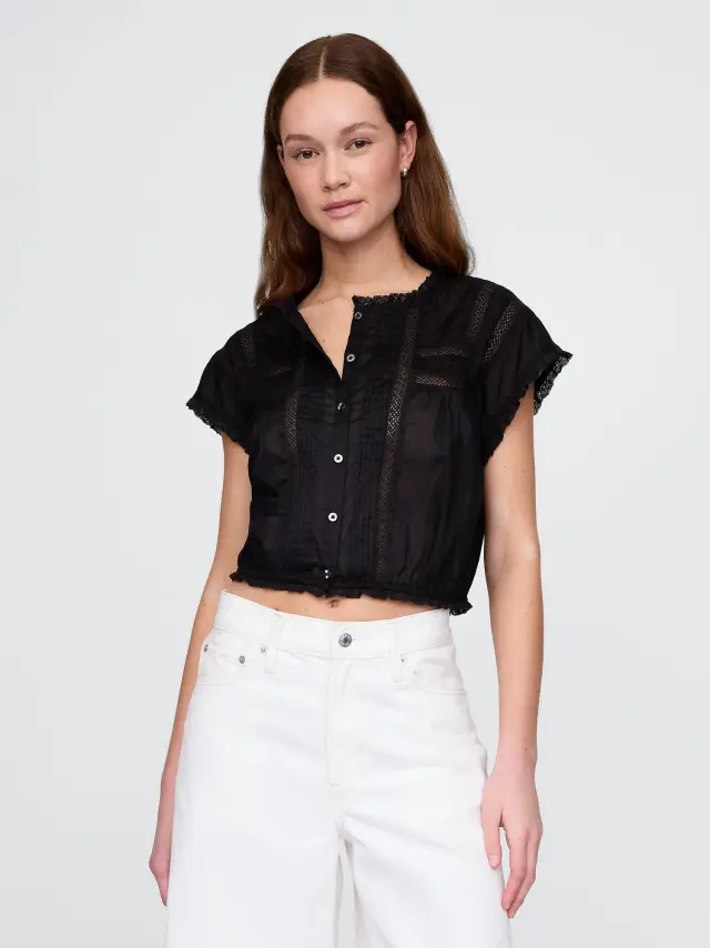 Μαύρο Cropped με Βολάν Pintuck Τοπ True black
