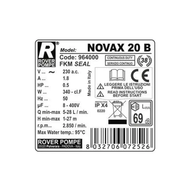 Rover Pompe Novax 20 B Αντλία μετάγγισης για Μπύρα με ιπποδύναμη 0,9 HP ανοξείδωτη / 102840 2