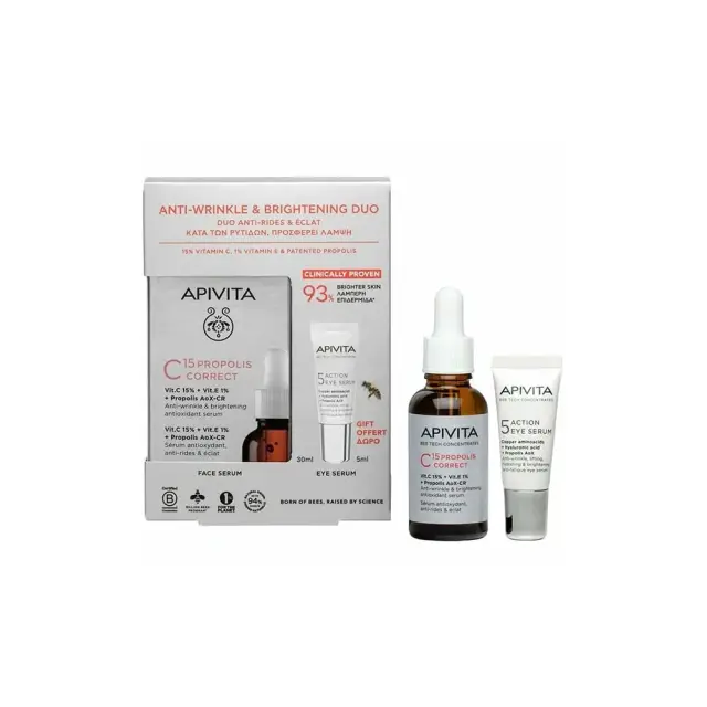 Apivita Promo Anti-Wrinkle & Brightening Duo με Apivita Bee Tech Concentrates C15 Propolis Correct Αντιρυτιδικός & Αντιοξειδωτικός Ορός Λάμψης, 30ml & Δώρο Ορός Ματιών 5 Action Eye Serum, 5ml, 1σετ