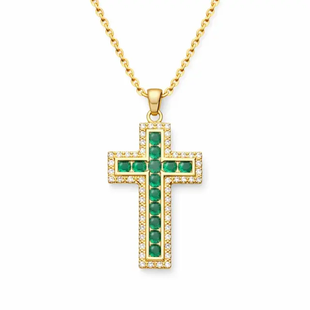 Ghetto CZ Green Cross Pendant Necklace Gold18k Plated