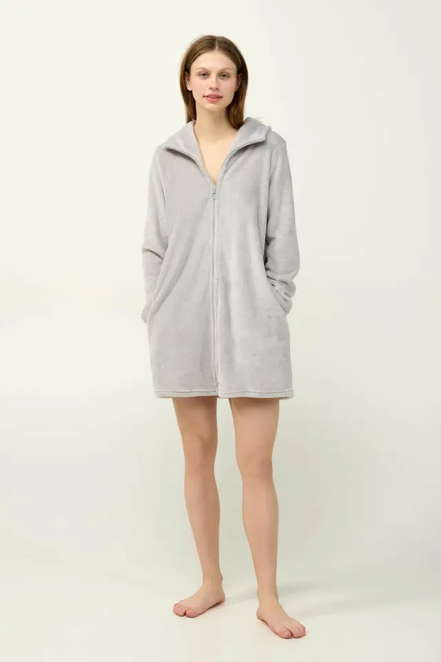 Γυναικεία Fleece Ρόμπα με Φερμουάρ Vamp 23282 GRAY SILVER
