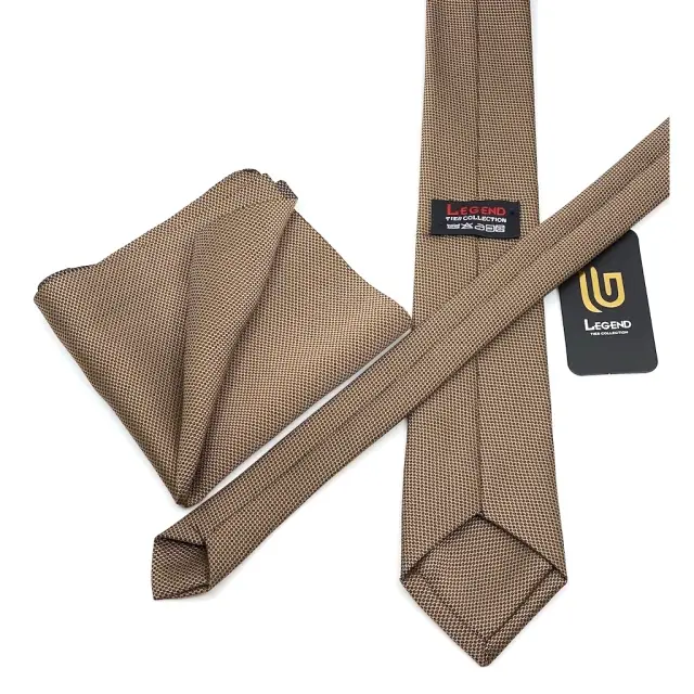 Καφέ Light Brown Γραβάτα Oxford 6,5 cm με Ασορτί Μαντήλι 3