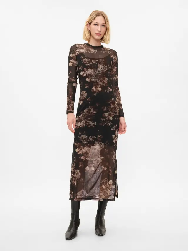 Μαύρο Mesh Midi Φόρεμα Black floral