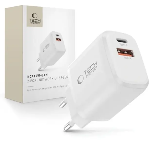 Tech-protect Nca45w-gan 2-port Network Charger Pd 45w / Qc3.0 White