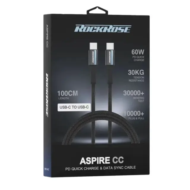ROCKROSE καλώδιο USB-C σε USB-C Aspire CC, 60W PD, 1m, μαύρο