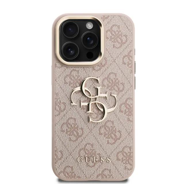 Guess PU 4G Metal Logo Stand Camera Frame Case for iPhone 15 Pro Pink 3