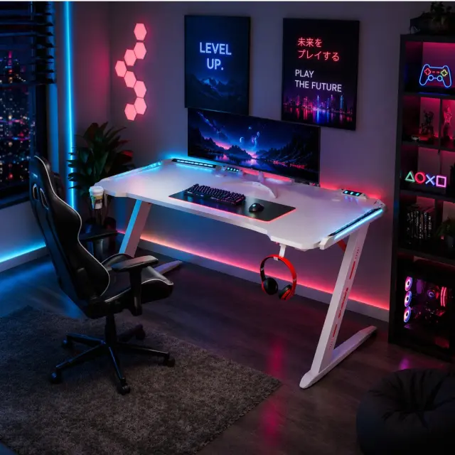 Μοντέρνο Γραφείο Gaming VenCore Μοριοσανίδας Carbon Fiber με Μεταλλικά Πόδια Λευκό Μ140 x Π60 x Υ74cm (2730-10010) 2