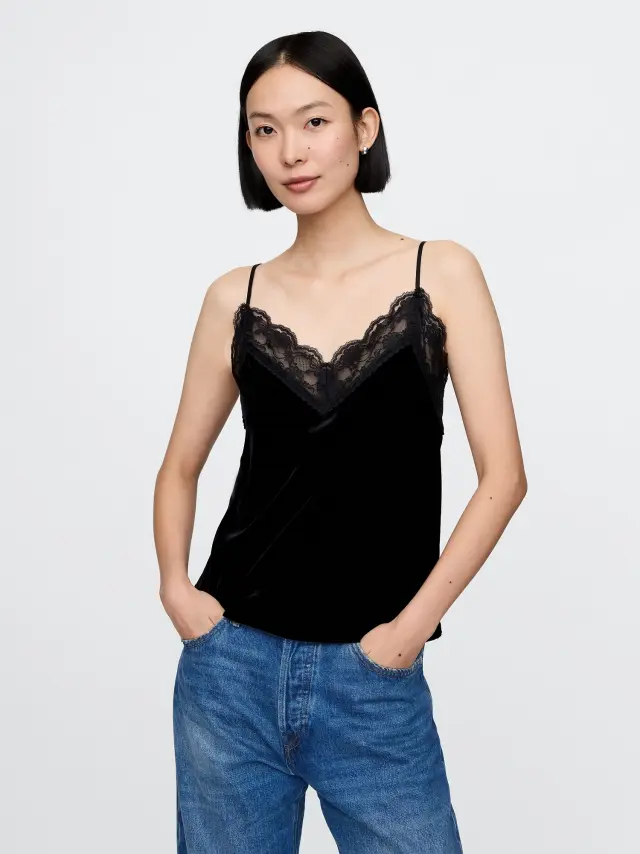 Μαύρο Ανακυκλωμένο Velvet Lace-Trim Αμάνικο Τοπ True black - M