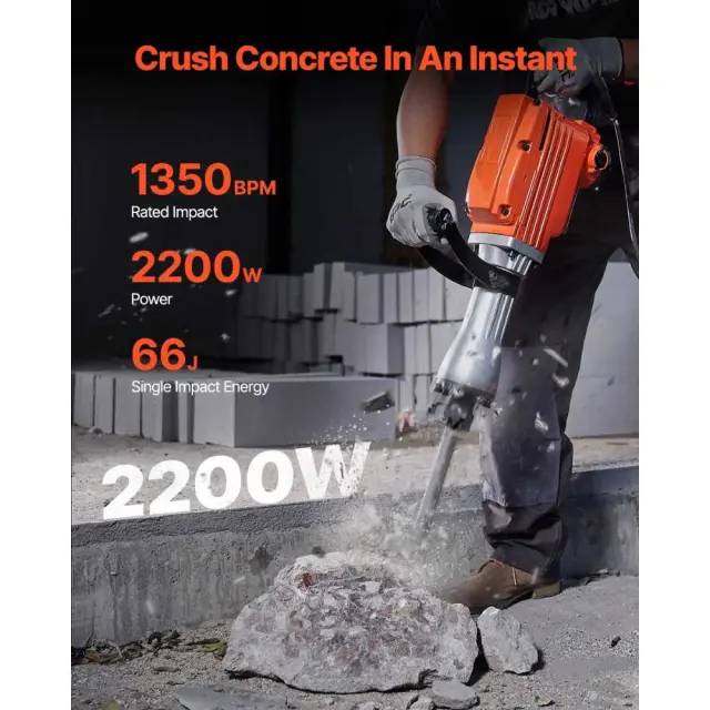 Επαγγελματικό Κατεδαφιστικό Πιστολέτο 2200W VEVOR - Ηλεκτρικό Κομπρεσέρ Μπετού 66J με 1400 BPM & 2 Καλέμια 2